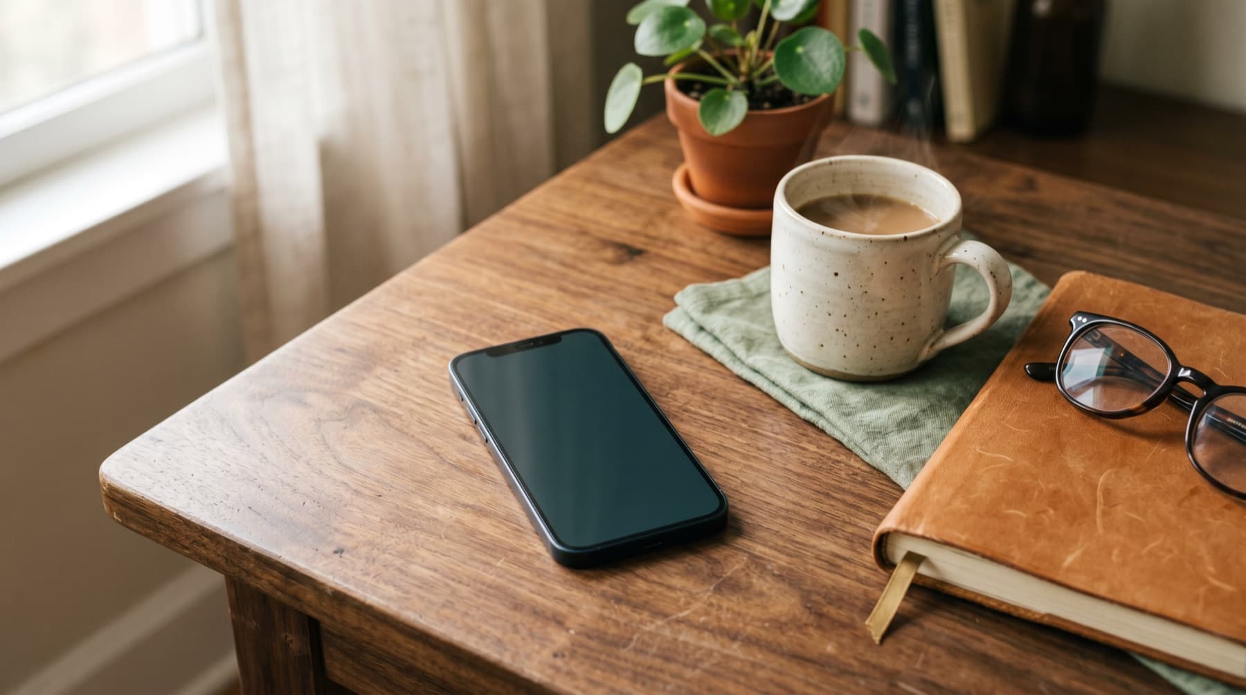 A phone resting on a warm wooden desk in soft morning light, beside a coffee mug and notebook